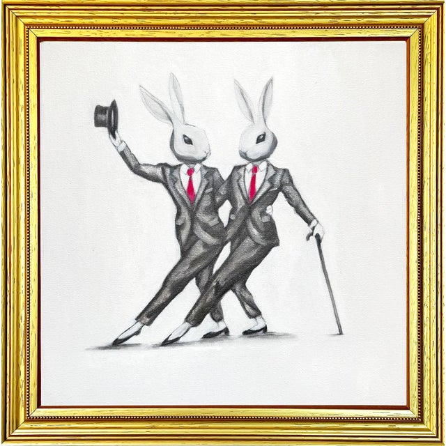 A Fine art print featuring two bunnies wearing suits dancing by Max and Alma. Max & Alma create kitsch, pop, feel-good art...