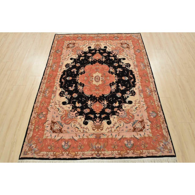 Farmhouse Fine Tabriz Rug 5′ X 6’8” Black Wool/Silk Traditional Hand-Knotted Carpet For Sale - Image 3 of 15