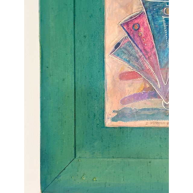 “Express Yourself” Vintage 1989 Tom Roll Abstract Mixed Media Painting in Teal Frame, 18" X 20" For Sale - Image 4 of 9