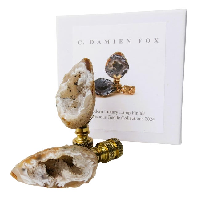 Large Gold, White, Copper Organic Modern Polished Geode Lamp Finials a Pair by C. Damien Fox. Gift Boxed. For Sale