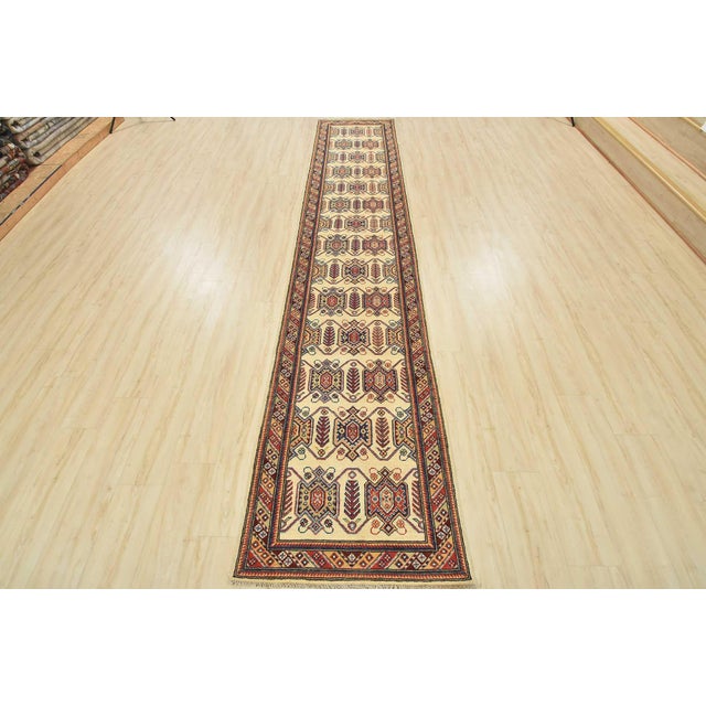 Tribal Kazak Runner 2’8” X 13’5” Beige Wool Tribal Hand-Knotted Oriental Rug For Sale - Image 3 of 12