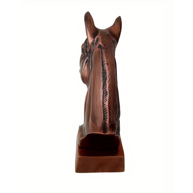 Antique Copper Finish Metal Horse Bust Sculptures For Sale - Image 6 of 6
