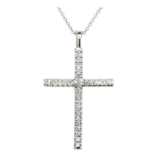 Natural Diamond Cross Pendant 17" Chain 14k White Gold 0.41 TCW Certified For Sale