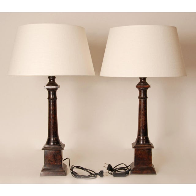 Traditional cast Iron faux bronze table lamps with a classic appearance, dating from the late 20th century. Style:...