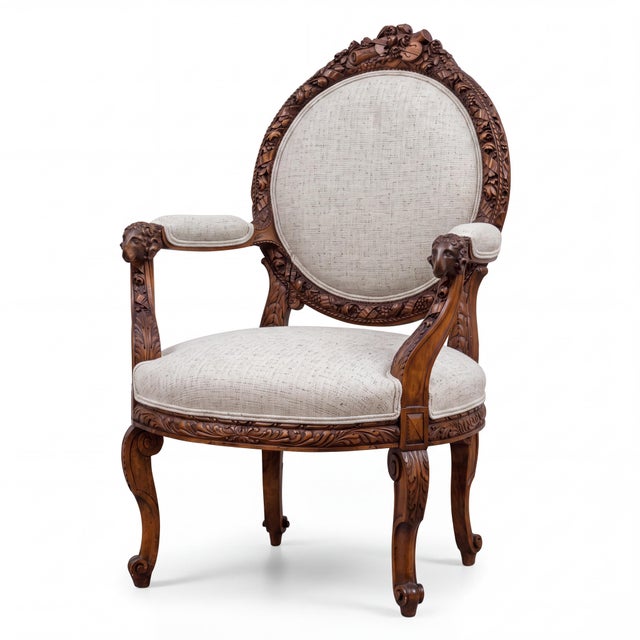 19th-C. French Neo-Classical Carved Walnut Bergere Chairs With Rams - Pair For Sale - Image 9 of 12