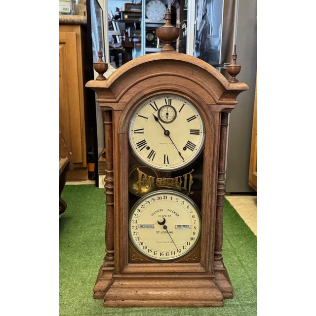 Brown Antique Seth Thomas Double Dial Calendar Clock For Sale - Image 8 of 12
