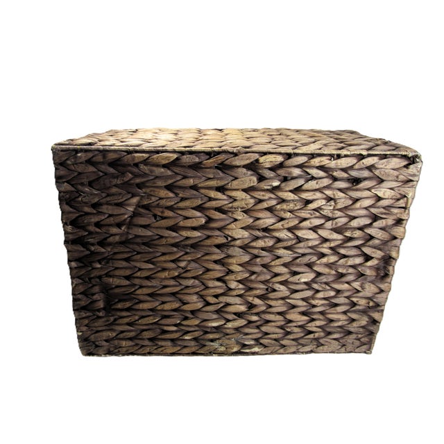 Brown Vintage Water Hyacinth Woven Reed Basket + Brass Handles For Sale - Image 8 of 11
