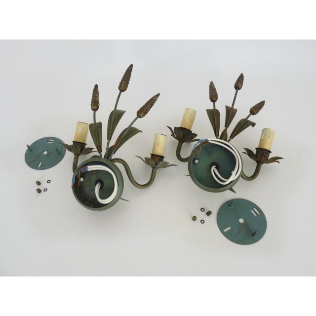 Antique Wheat Sheaf Wall Sconces in Gold and Green Metal, 1980s, Set of 2 For Sale - Image 10 of 11