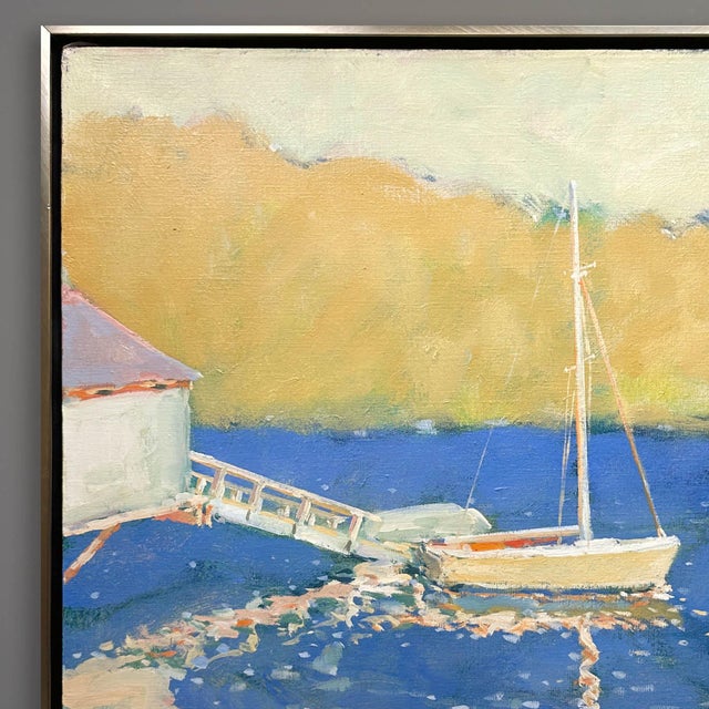 Impressionist oil on linen landscape painting by James R. Pascucci (1928-2015) 25 x 21 inches as float framed in champagne...