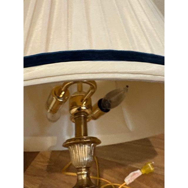 English Vintage Blue/ Ivory Frederick Cooper Table Lamp Brass Lion Finial Pleated Silk Shade W Blue Silk Velvet Trim For Sale - Image 3 of 12