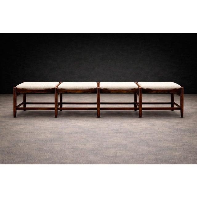Ivory Brazilian Rosewood and Cane Four Seat Bench With Ivory Boucle Cushions, Brazil, 1960s For Sale - Image 8 of 13
