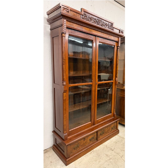 Late 19th Century 19th Century American Victorian Solid Walnut Bookcase With Burl Walnut & Wavy Glass, Circa 1890 For Sale - Image 5 of 10