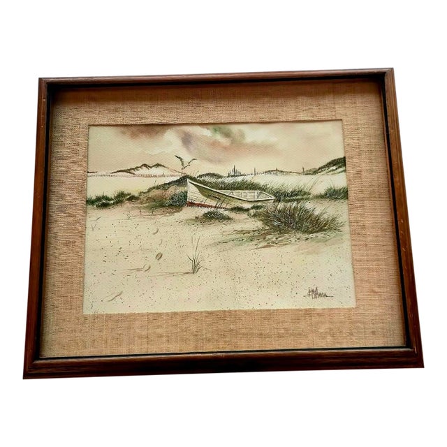 Mid 20th Century Signed Vintage Coastal Landscape Seascape Watercolor Painting With Beached Rowboat For Sale