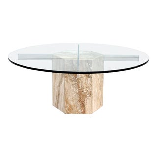 Vintage 1970s Travertine Coffee Table With Round Glass Top in the Style of Artedi For Sale