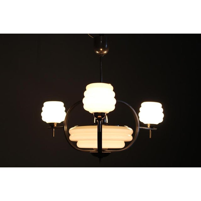 Art Deco Nickel and Cream Glass Chandelier, 1930s For Sale - Image 13 of 14