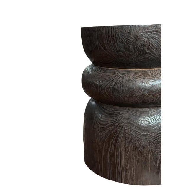 Round Teak Wood Side Table, Burnt Finish, Layered Design, Modern Organic For Sale - Image 6 of 6