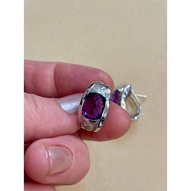 6 Carat Amethyst and Diamond 14 Karat White Gold Earrings, Omega Back Beautiful pair of earrings finely crafted in 14...