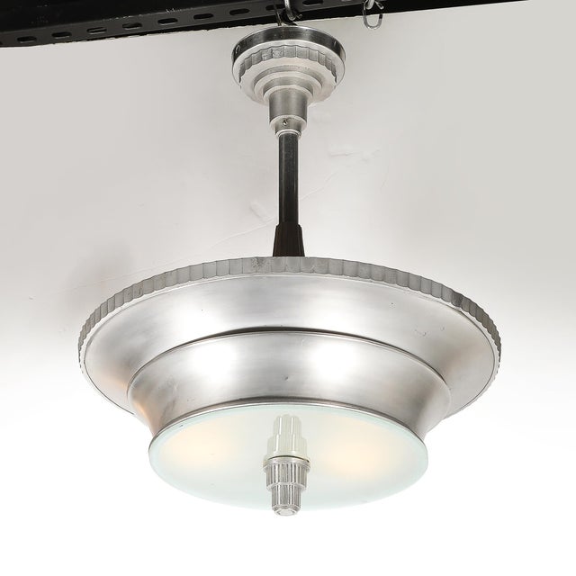 Art Deco 1930s Art Deco Brushed Aluminum & Frosted Glass Chandelier With Fluted Detailing For Sale - Image 3 of 13