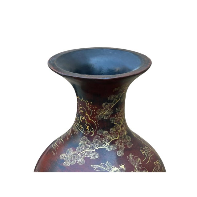 Chinese Brown Lacquer Golden Scenery Decorative Wood Vase Art For Sale - Image 17 of 18