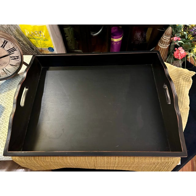 Extra Large Distressed Black Farmhouse Serving Tray With Handle Cutouts For Sale - Image 4 of 4