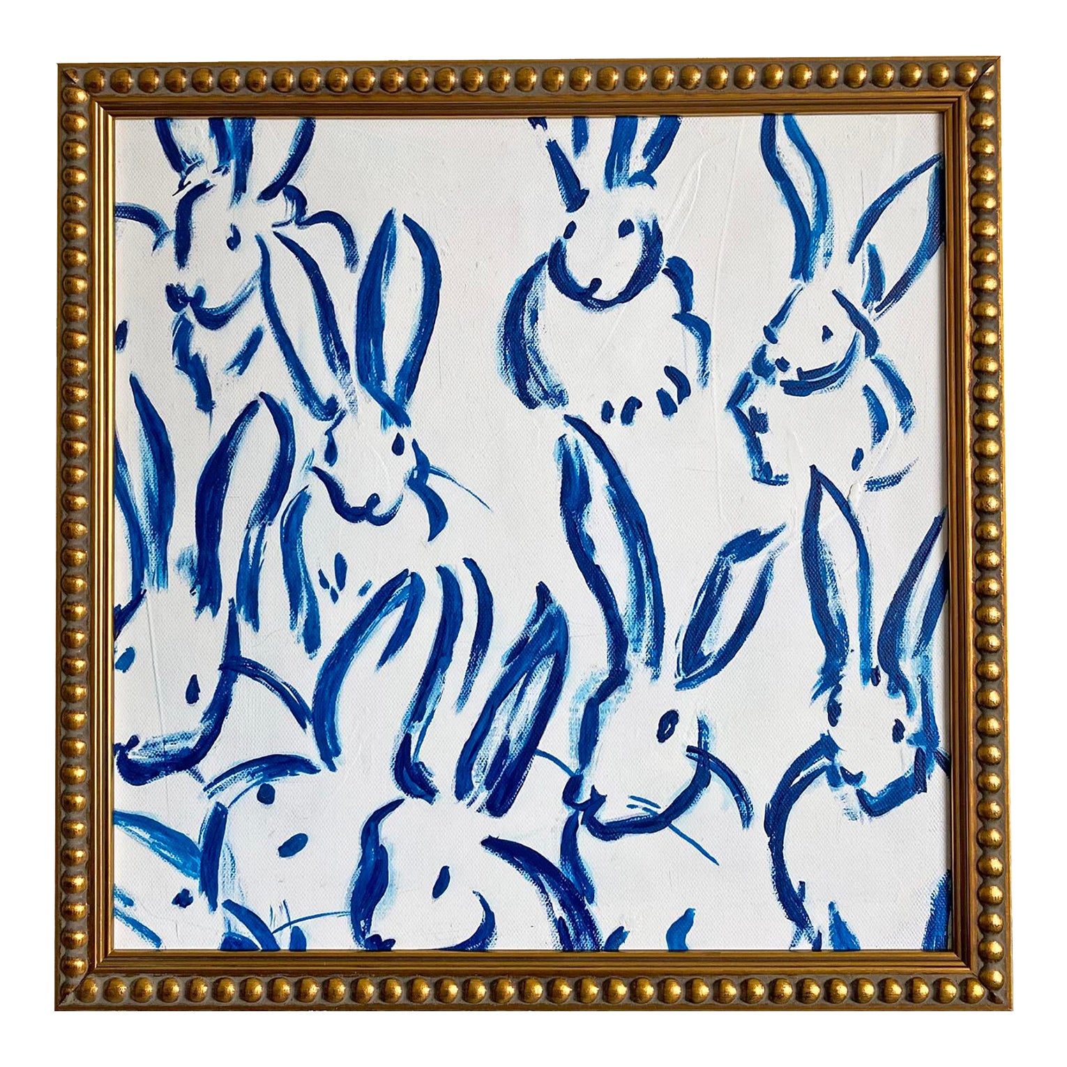 Blue Bunny Painting Framed | Chinoiserie Rabbit Art | Acrylic on Canvas ...