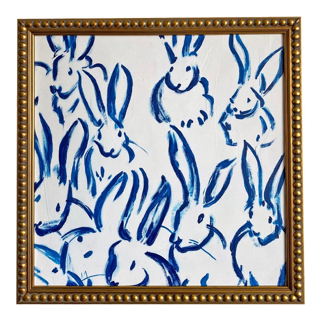 Blue Bunny Painting Framed | Chinoiserie Rabbit Art | Acrylic on Canvas | Gold Gilded Frame | Preppy Wall Decor 13x13 For Sale