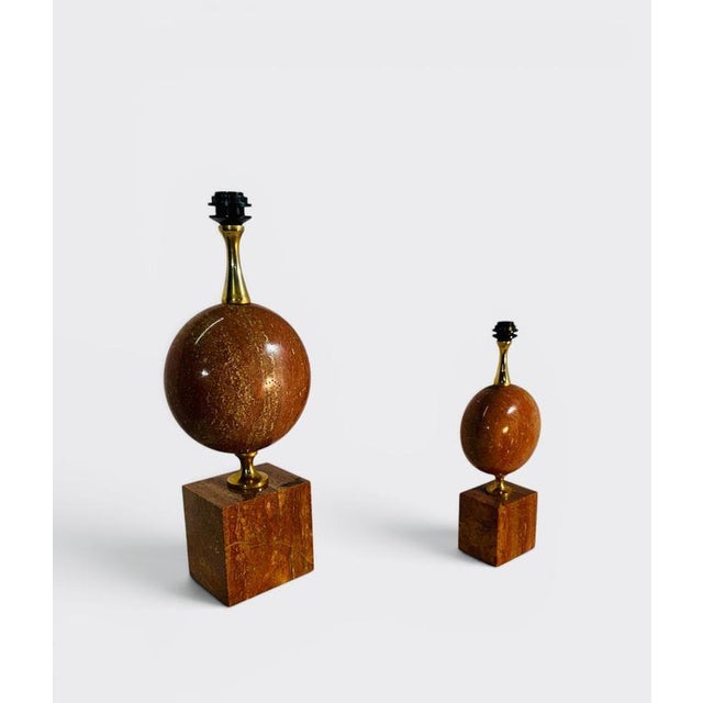 Red Travertine and Brass Lamps from Philippe Barbier, 1970s, Set of 2 For Sale - Image 4 of 13