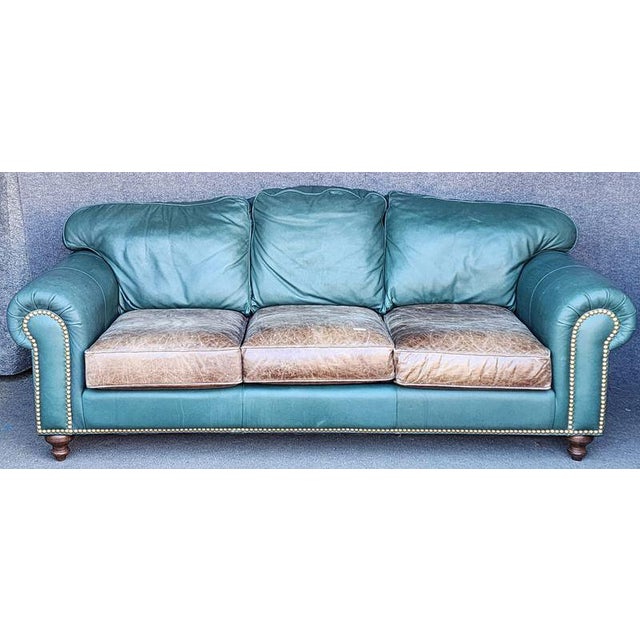 Drexel Blue and Brown Two Tone Leather Sofa With Nailheads Pella Soft Leather For Sale - Image 9 of 9