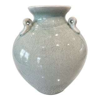 Vintage 1970's Celadon Crackle Glaze Double-Handle Vase For Sale