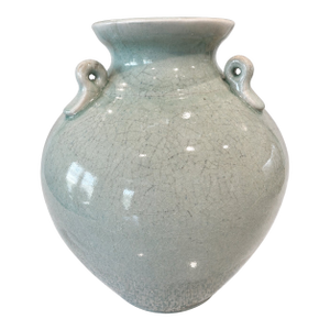 Vintage 1970's Celadon Crackle Glaze Double-Handle Vase