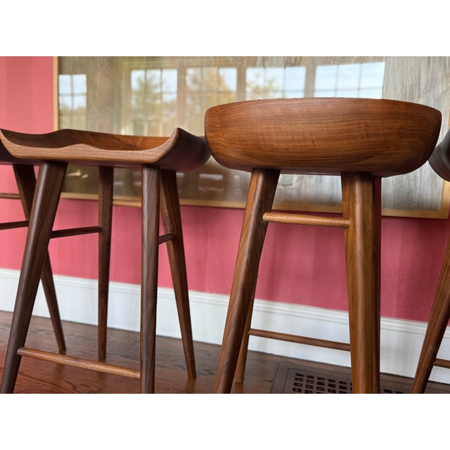 2010s Set of 4 High End Solid Walnut Tractor Counter Stools For Sale - Image 5 of 10