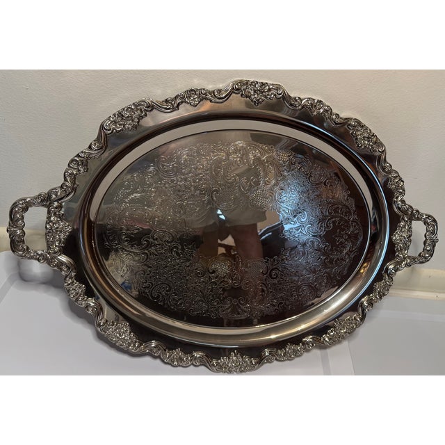 Metal Mid 20th Century Oversized Towle Silverplate Oval Serving Tray With Handles – Ornate Rococo Style, 30” For Sale - Image 7 of 12