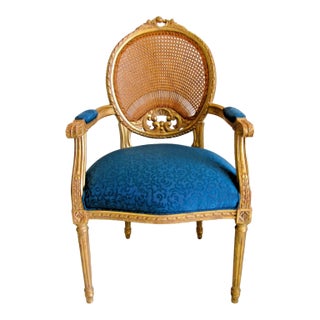 1940s French Louis XVI Style Fauteuil Chair Giltwood Frame Cane Oval Back Blue Fabric For Sale