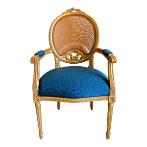 1940s French Louis XVI Style Fauteuil Chair Giltwood Frame Cane Oval Back Blue Fabric