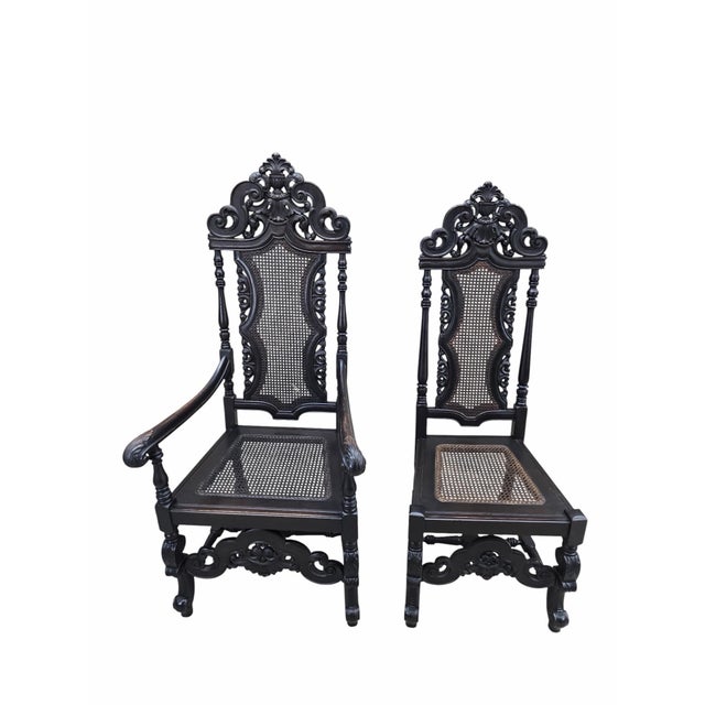 Antique Victorian Carved Walnut Caned Throne Chairs by Michigan Chair Company – Set of 2 For Sale - Image 4 of 11