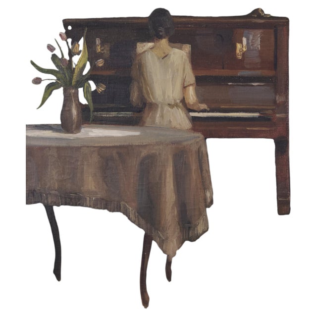 Interior Painting Lady at the Piano in Gilt Frame from the 1930s For Sale - Image 3 of 8