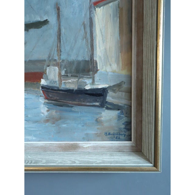 Textile 1953 Mid-Century Modern 'Harbour at Rest' Vintage Original Swedish Expressive Seascape Oil Painting, Framed For Sale - Image 7 of 11