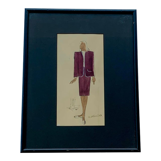 1940s Fashion Plate Watercolor Painting For Sale