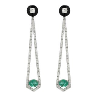 Emerald Diamond Long Dangle Cocktail Earrings in 14k Gold - a Pair For Sale