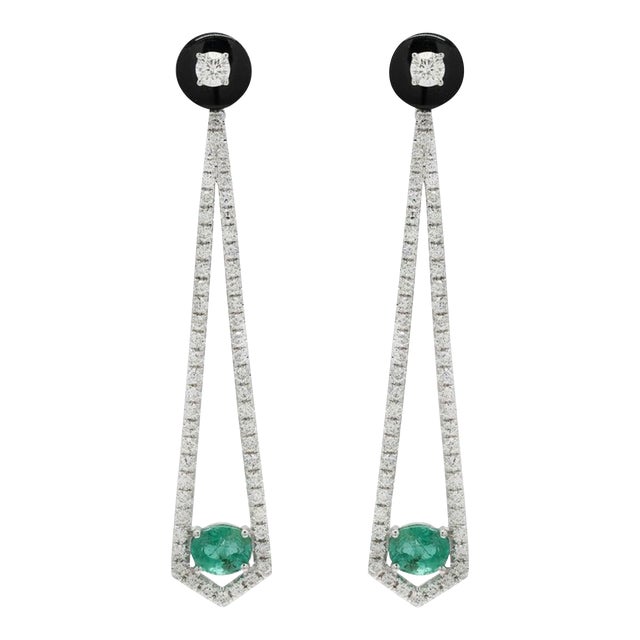 Emerald Diamond Long Dangle Cocktail Earrings in 14k Gold - a Pair For Sale
