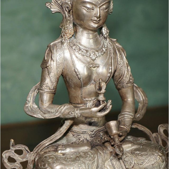 Tibetan Silvered Metal Buddhist Deity Figure Statue on Lotus Base For Sale - Image 6 of 18