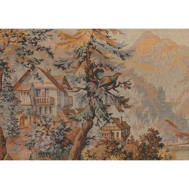Vintage Alpine Mountain Chalet Deer Woodland Scene Flemish Tapestry For Sale - Image 4 of 18