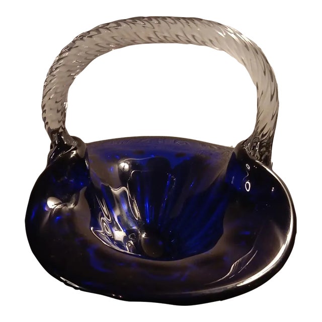 1980s Signed Flygsfors Coquille Sweden Cobalt Glass Basket For Sale