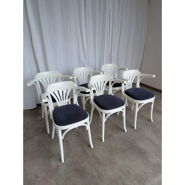 Vintage White Bentwood Dining Chairs with Blue Fabric Seats, 1970s, Set of 6 For Sale - Image 11 of 18
