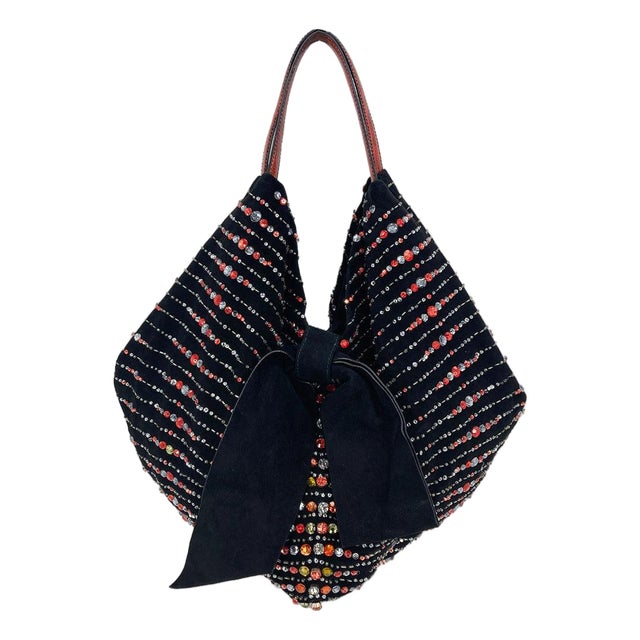 Valentino Black Suede Rhinestone Beaded Bow Tote For Sale