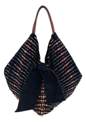 Valentino Black Suede Rhinestone Beaded Bow Tote