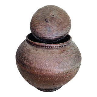 Antique 19th Century Large Chinese Woven Rattan/Bamboo Lidded Basket For Sale