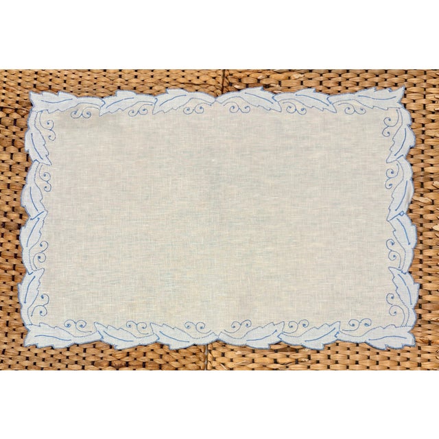 Vintage Cornflower Blue Embroidered French Linen Placemat and Dinner Napkin Set- 8 Pieces For Sale In Palm Springs - Image 6 of 10