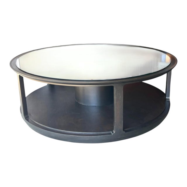 Dunbar Round Mahogany Coffee Table – Ebonized Finish, Glass Top, Casters For Sale