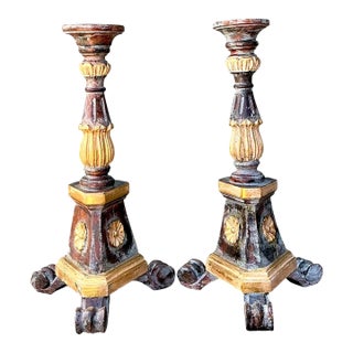 Vintage Italian Carved Wood Prickets - A Pair For Sale